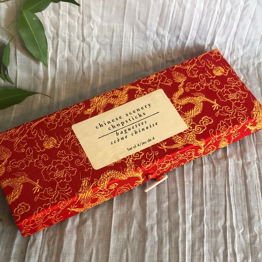 Chinese Scenery CHOPSTICKS set of 3 in red & gold serpent dragons storage box